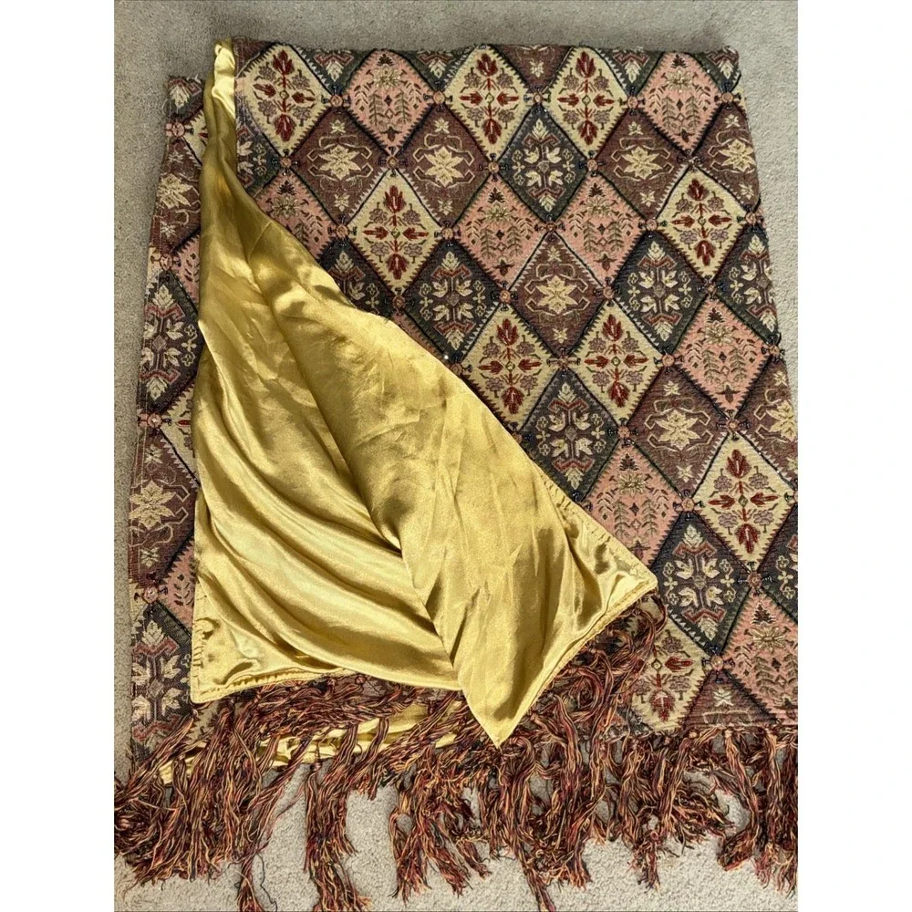 Vtg Pier 1 Tapestry Fringe Throw Blanket Boho Beaded Diamond Moroccan INDIA